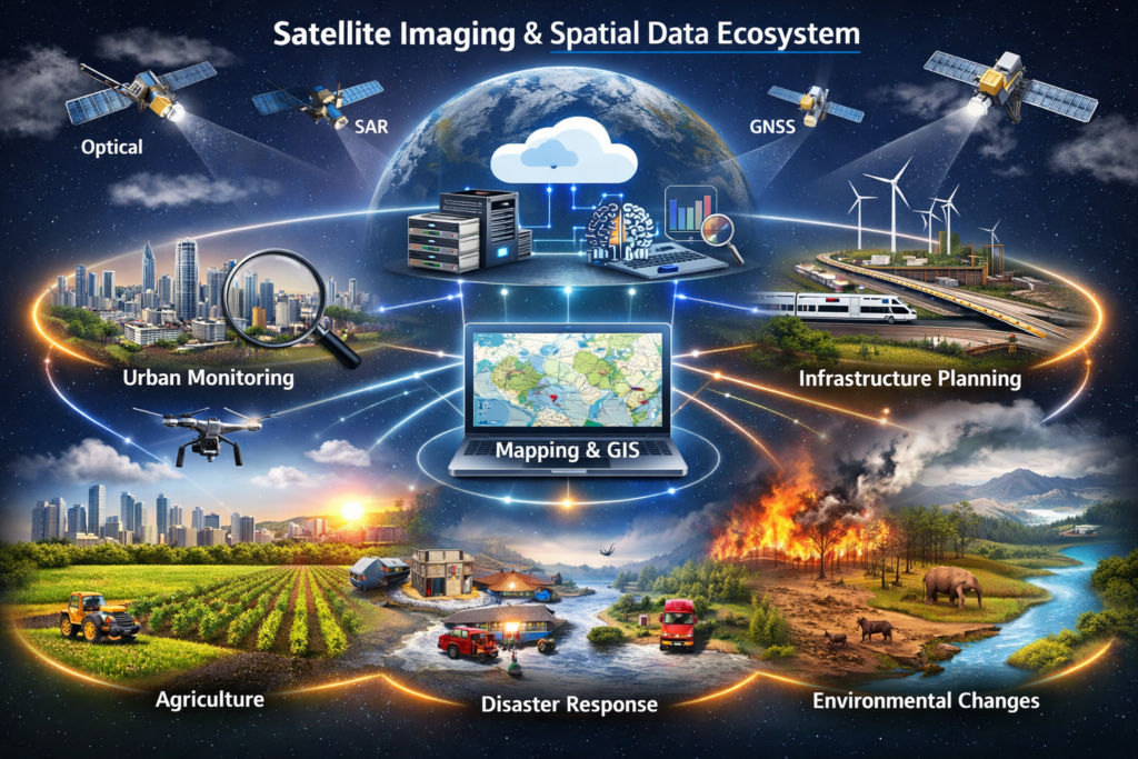 satellite imaging and gis, spatial data ecosystems, future of gis, satellite imagery, remote sensing services, geospatial analytics, cloud based gis, ai driven gis, earth observation data, spatial intelligence, modern gis systems, digital twins gis
