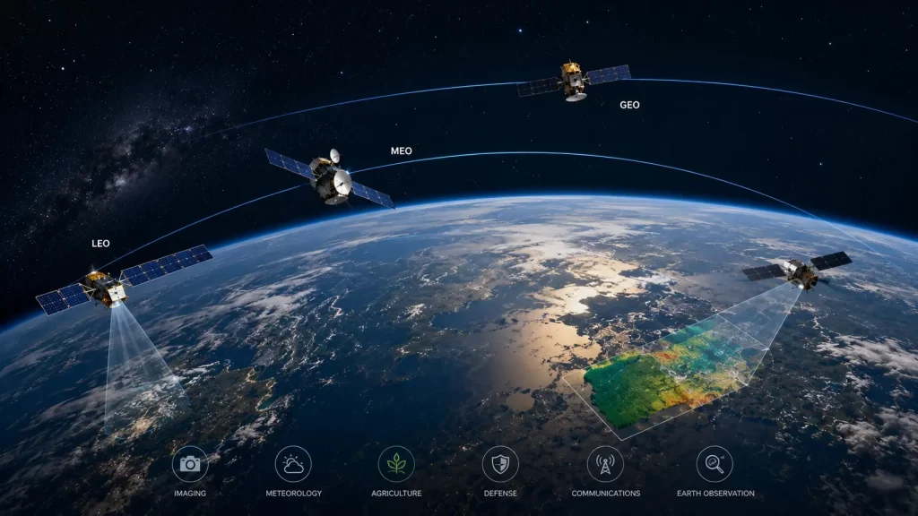 types of satellites, different types of satellites, classification of satellite, characteristics of satellite, types of satellites in remote sensing, Earth observation satellite, communication satellite in orbit, satellite orbit classification, remote sensing satellite imagery, geostationary satellite, polar orbit satellite, low Earth orbit satellite, weather monitoring satellite, navigation satellite system, satellite applications in remote sensing