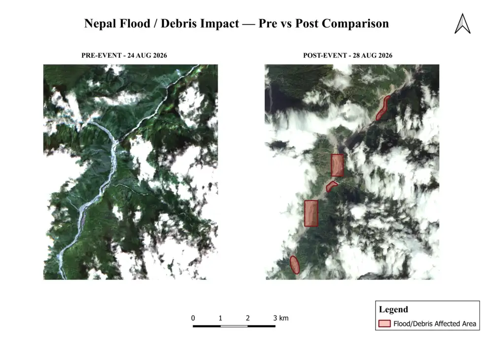 Pre-event and post-event optical imagery showing flood and debris affected surfaces in Nepal