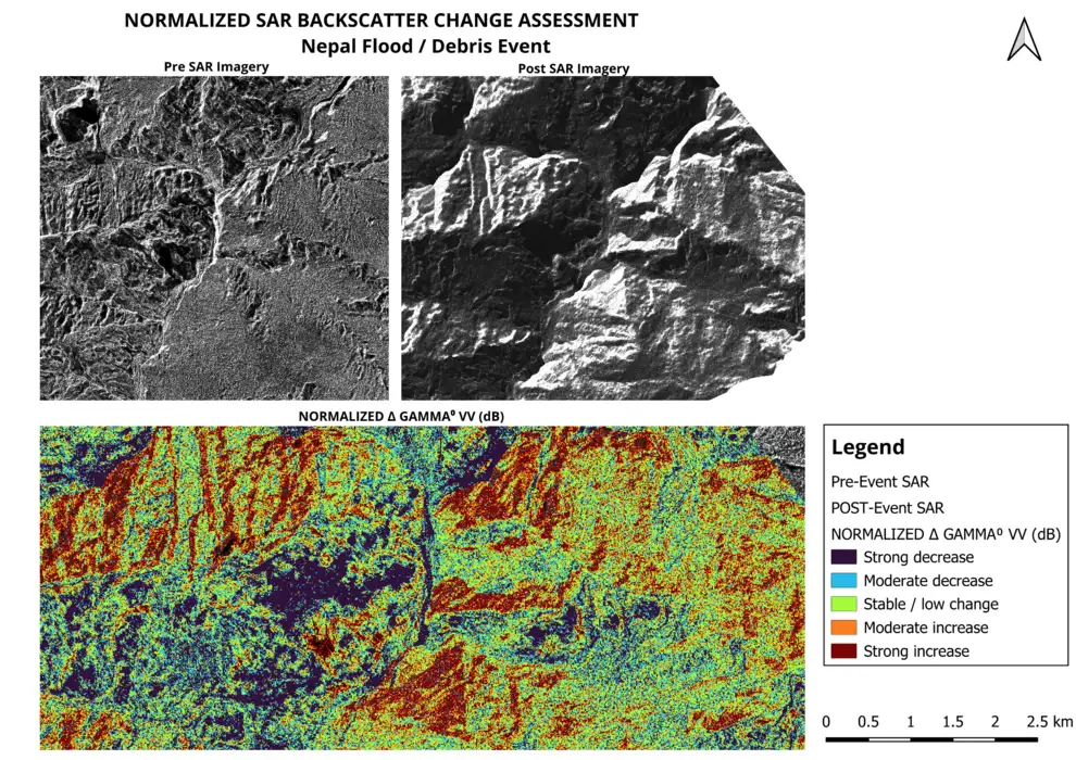 Pre-event SAR, post-event SAR and normalized SAR change detection map of flood-affected Nepal river corridor