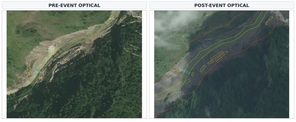 Pre-event and post-event satellite imagery showing river-channel widening at Site 1 in Nepal