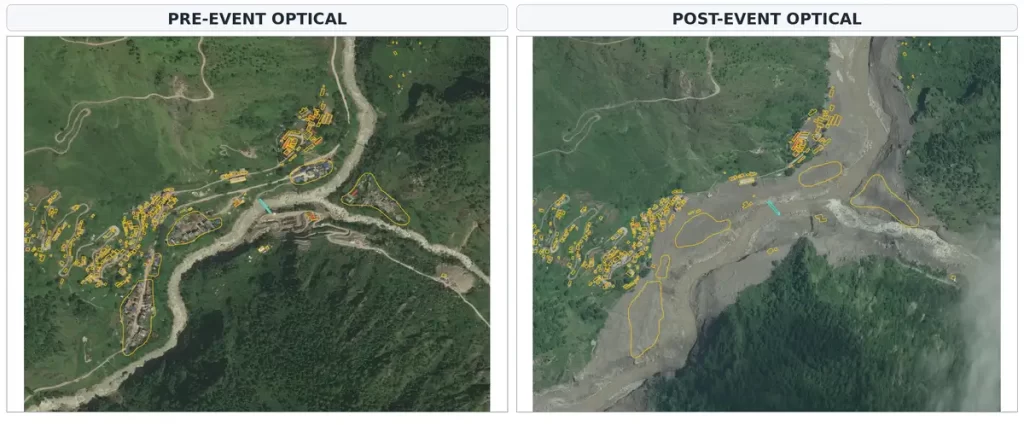 Pre-event and post-event satellite imagery showing lateral river expansion and debris deposition at Site 2