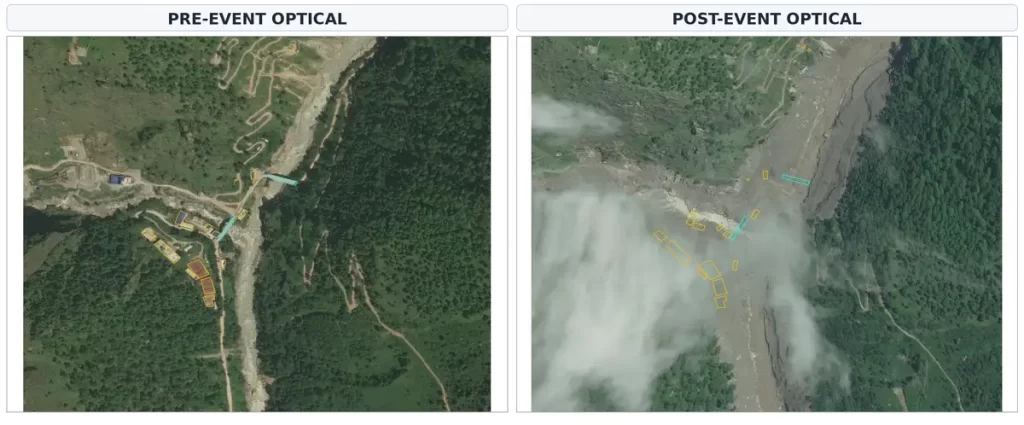 Pre-event and post-event satellite imagery showing debris deposition and infrastructure exposure at Site 3 in Nepal