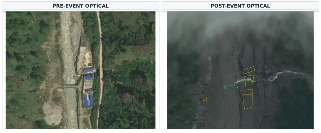 Pre-event and post-event satellite imagery showing river-channel change and infrastructure exposure at Site 4