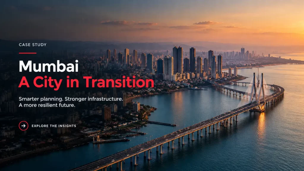 Illustration of Mumbai's urban skyline and coastal infrastructure representing urban transformation.